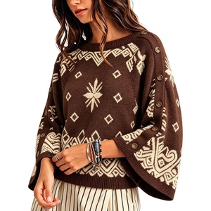 Springrain Womens Boho Paisley Knit Sweater Wide Sleeve Pullover(Coffee)