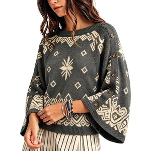 Springrain Womens Boho Paisley Knit Sweater Wide Sleeve Pullover(Darkgrey)
