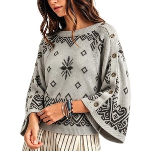 Springrain Womens Boho Paisley Knit Sweater Wide Sleeve Pullover(Grey)