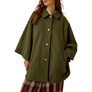 Springrain Womens Collared Cape Coat Button Poncho Jacket(Armygreen)