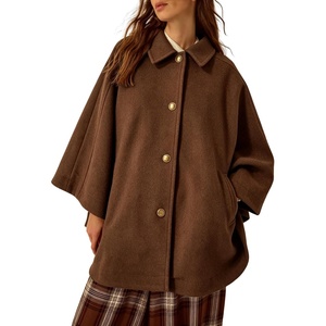 Springrain Womens Collared Cape Coat Button Poncho Jacket(Brown)