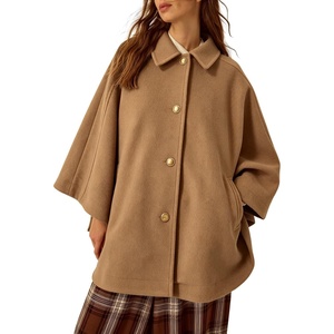Springrain Womens Collared Cape Coat Button Poncho Jacket(Khaki)