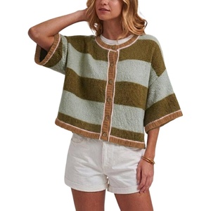 Springrain Women’s Color Block Cardigan Short Sleeve Sweater(Armygreen)