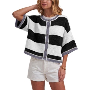 Springrain Women’s Color Block Cardigan Short Sleeve Sweater(Black)