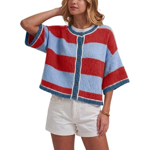 Springrain Women’s Color Block Cardigan Short Sleeve Sweater(Blue)