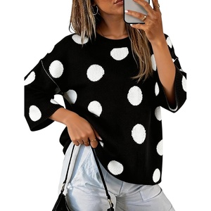 Springrain Women’s Contrasting Polka-Dot Print 3/4 Sleeve Pullover Sweater(Black)
