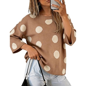 Springrain Women’s Contrasting Polka-Dot Print 3/4 Sleeve Pullover Sweater(Khaki)
