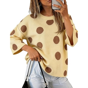 Springrain Women’s Contrasting Polka-Dot Print 3/4 Sleeve Pullover Sweater(Yellow)