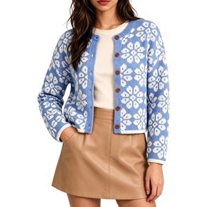 Springrain Womens Floral Cropped Cardigan Button Knit Sweater(Blue)