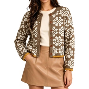 Springrain Womens Floral Cropped Cardigan Button Knit Sweater(Brown)