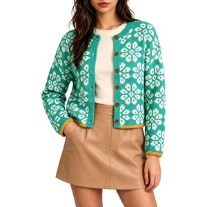 Springrain Womens Floral Cropped Cardigan Button Knit Sweater(Green)