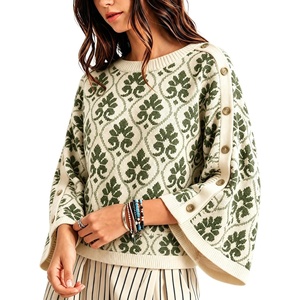 Springrain Womens Floral Jacquard Knit Sweater Vintage Pullover Top(Armygreen)