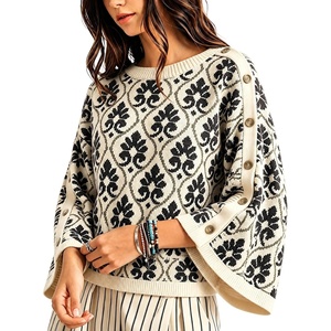 Springrain Womens Floral Jacquard Knit Sweater Vintage Pullover Top(Black)
