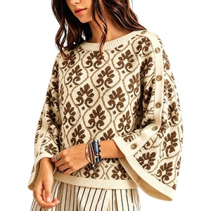 Springrain Womens Floral Jacquard Knit Sweater Vintage Pullover Top(Brown)