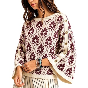 Springrain Womens Floral Jacquard Knit Sweater Vintage Pullover Top(Burgundy)
