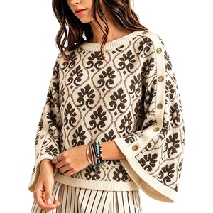 Springrain Womens Floral Jacquard Knit Sweater Vintage Pullover Top(Coffee)