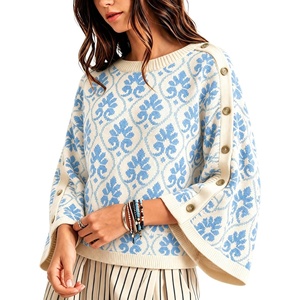 Springrain Womens Floral Jacquard Knit Sweater Vintage Pullover Top(Lightblue)