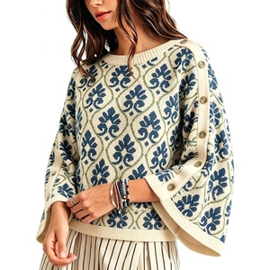 Springrain Womens Floral Jacquard Knit Sweater Vintage Pullover Top(Navy)
