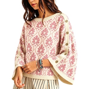 Springrain Womens Floral Jacquard Knit Sweater Vintage Pullover Top(Pink)