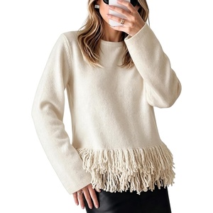 Springrain Women’s Fringe Boho Crewneck Knit Pullover Sweaters(Beige)