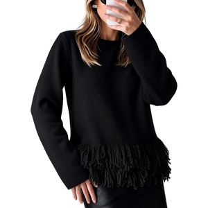 Springrain Women’s Fringe Boho Crewneck Knit Pullover Sweaters(Black)