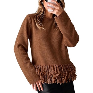 Springrain Women’s Fringe Boho Crewneck Knit Pullover Sweaters(Brown)