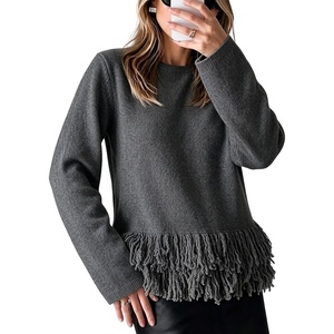 Springrain Women’s Fringe Boho Crewneck Knit Pullover Sweaters(Darkgrey)