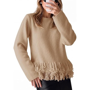 Springrain Women’s Fringe Boho Crewneck Knit Pullover Sweaters(Khaki)