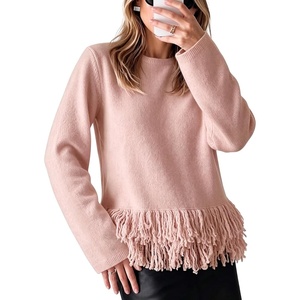Springrain Women’s Fringe Boho Crewneck Knit Pullover Sweaters(Pink)