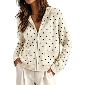 Springrain Womens Polka Dot Knit Cardigan Hooded Sweater Jacket(Beige)