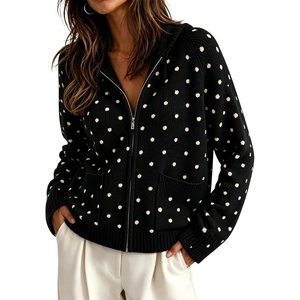Springrain Womens Polka Dot Knit Cardigan Hooded Sweater Jacket(Black)