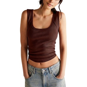 Springrain Women’s Sleeveless Scoop Neck Ribbed Tank Tops Lightweight Fitted Cami Tee Shirts(Redbrown)