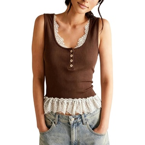 Springrain Women’s Slim Fit Ribbed Tank Tops with Lace Trim(Brown)