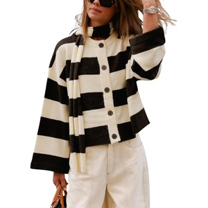 Springrain Women’s Striped Knit Cardigan Long Sleeve Sweaters with Scarf(Black)