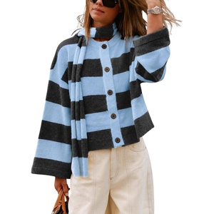 Springrain Women’s Striped Knit Cardigan Long Sleeve Sweaters with Scarf(Blue)
