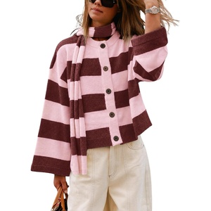 Springrain Women’s Striped Knit Cardigan Long Sleeve Sweaters with Scarf(Pink)