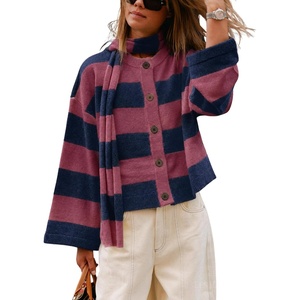 Springrain Women’s Striped Knit Cardigan Long Sleeve Sweaters with Scarf(Purple)