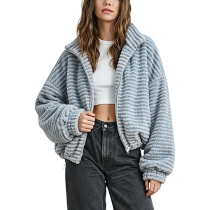 Springrain Women’s Striped Zip Up Fleece Jacket Winter Casual Coat(Bluegrey)