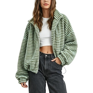 Springrain Women’s Striped Zip Up Fleece Jacket Winter Casual Coat(Green)