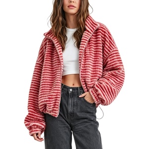 Springrain Women’s Striped Zip Up Fleece Jacket Winter Casual Coat(Red)