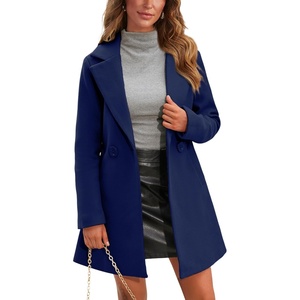 Springrain Women’s Wool Pea Coat Double Breasted Trench Coat(Navy)