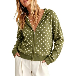 Springrain Women’s Zip Up Sweater Polka Dot Knit Cardigan(Armygreen)