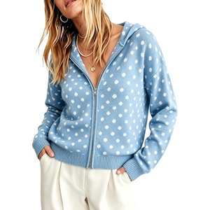 Springrain Women’s Zip Up Sweater Polka Dot Knit Cardigan(Blue)