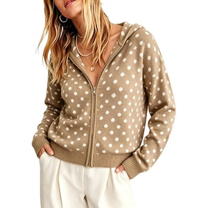 Springrain Women’s Zip Up Sweater Polka Dot Knit Cardigan(Khaki)