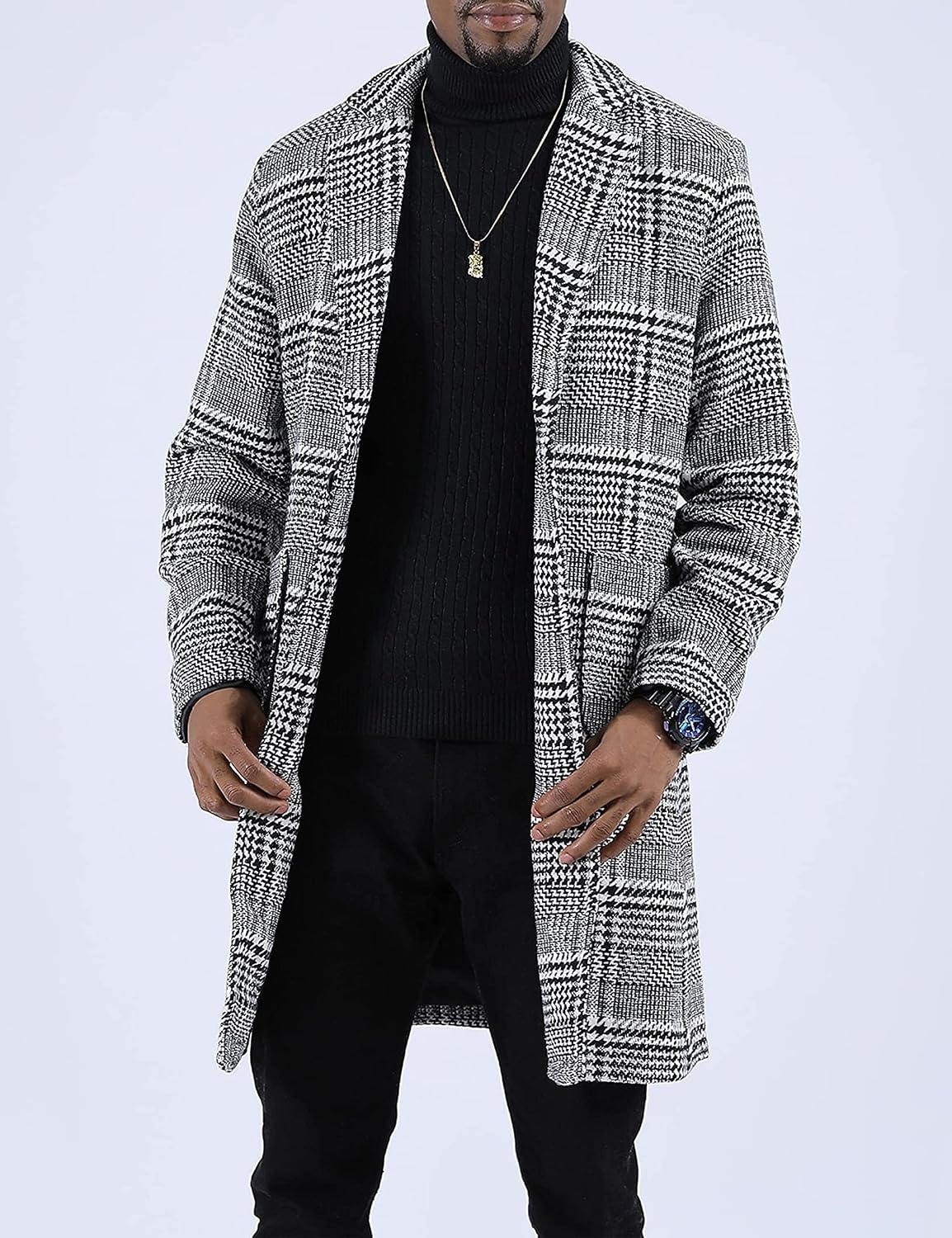 image:imageSpringrain Mens Wool Blend Pea Coat Single Breasted Overcoat2 Blackandwhite