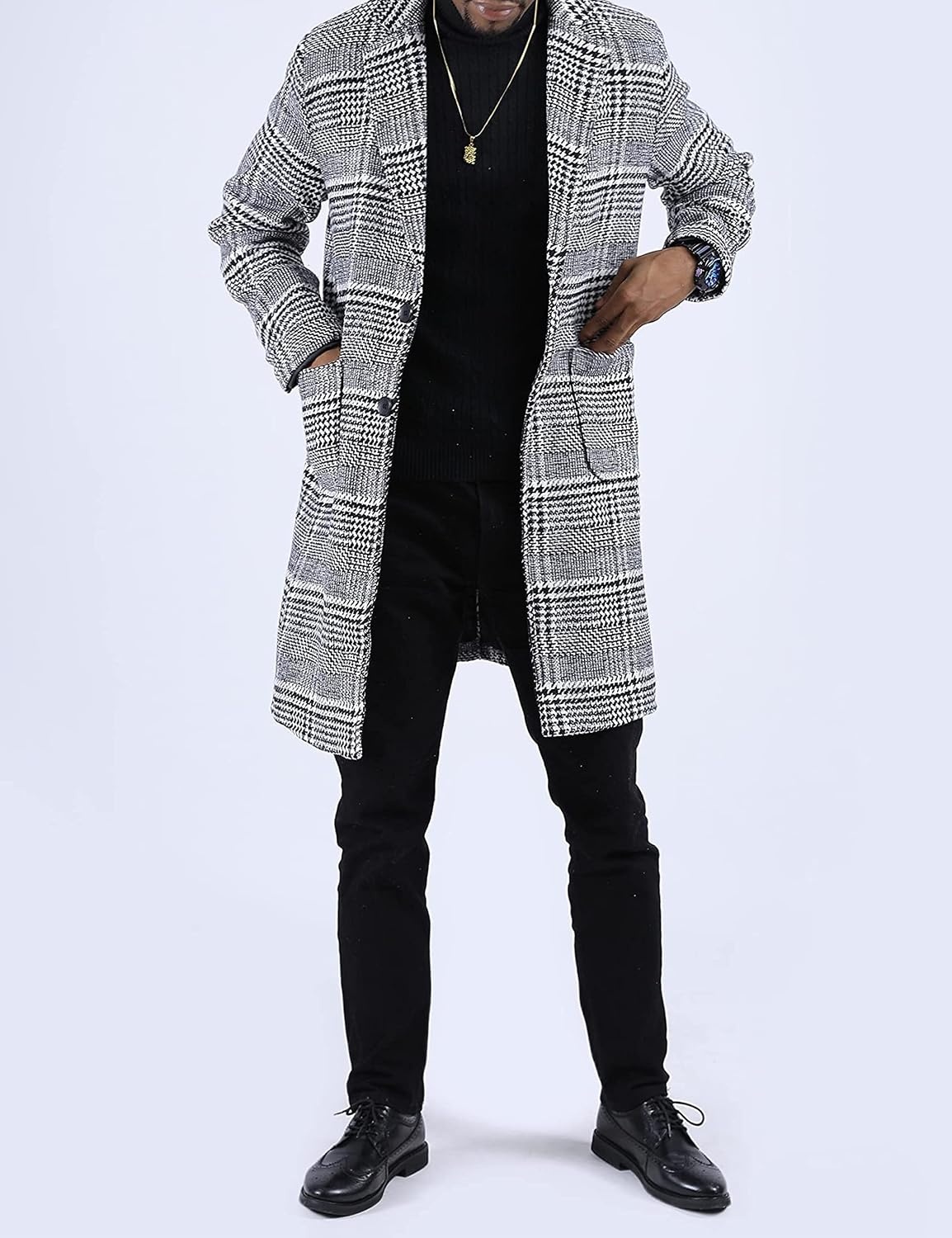 image:imageSpringrain Mens Wool Blend Pea Coat Single Breasted Overcoat2 Blackandwhite