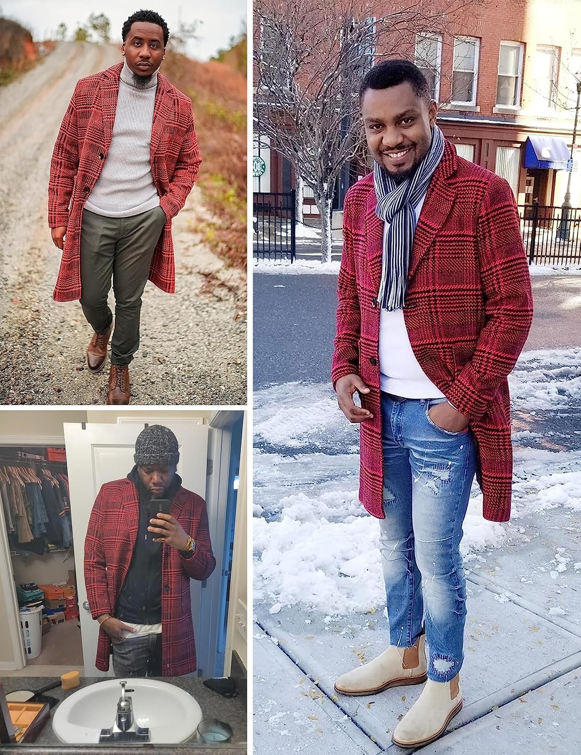 image:imageSpringrain Mens Wool Blend Pea Coat Single Breasted Overcoat2 Winered