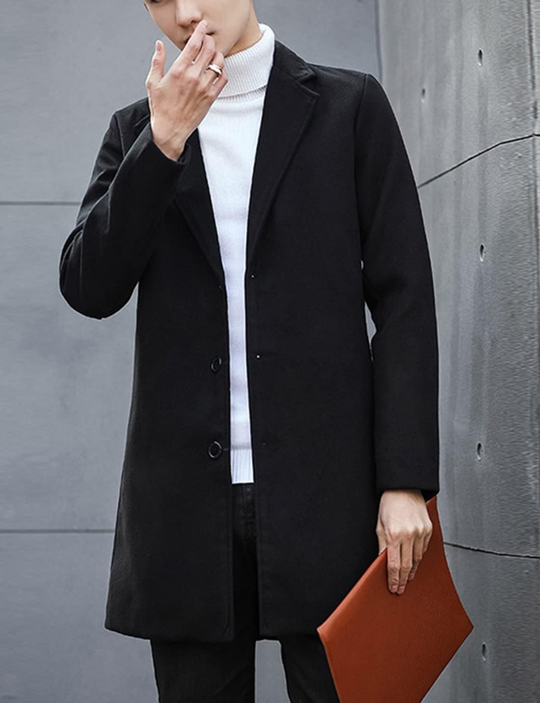 image:imageSpringrain Mens Wool Blend Pea Coat Single Breasted OvercoatBlack