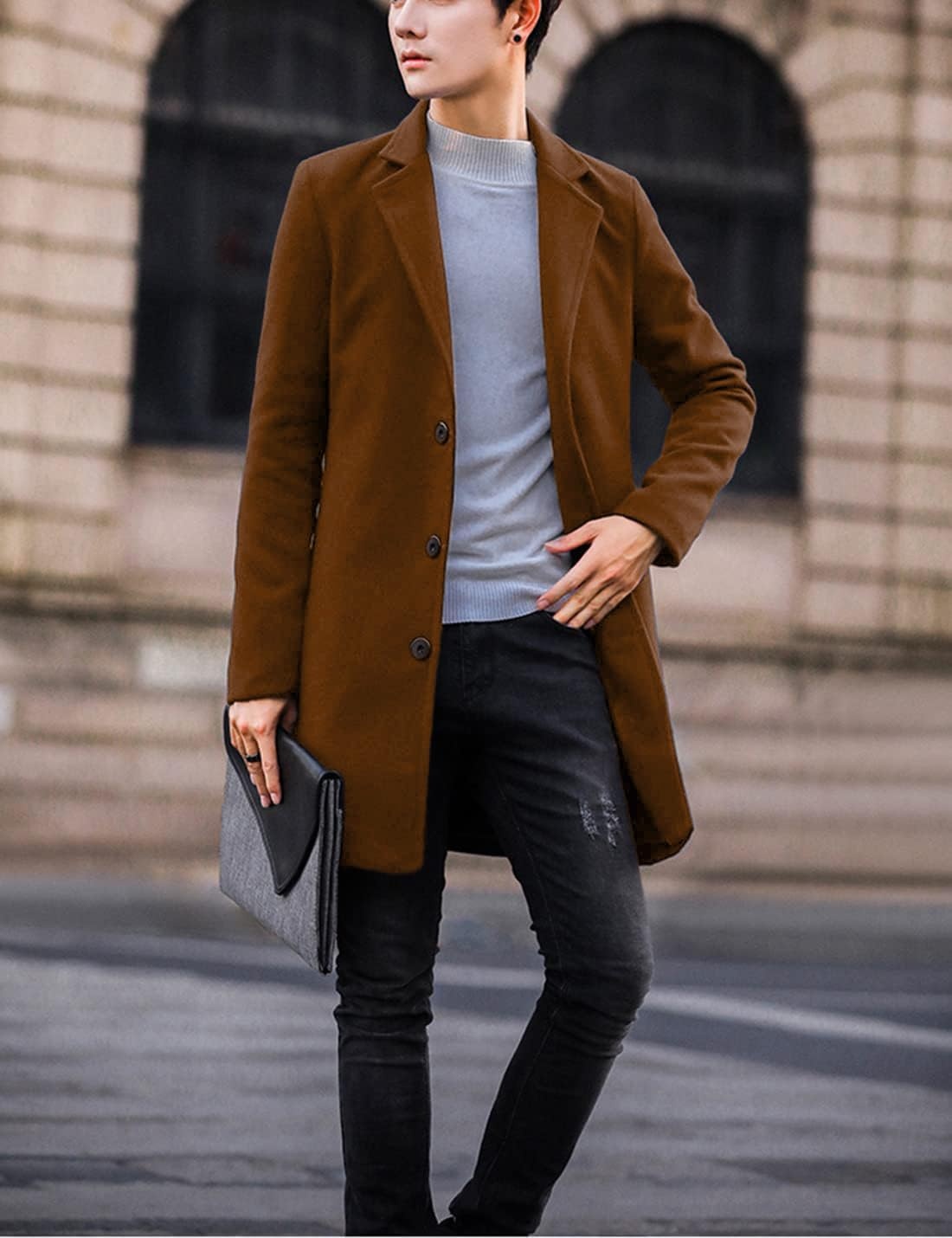 image:imageSpringrain Mens Wool Blend Pea Coat Single Breasted OvercoatDarkbrown