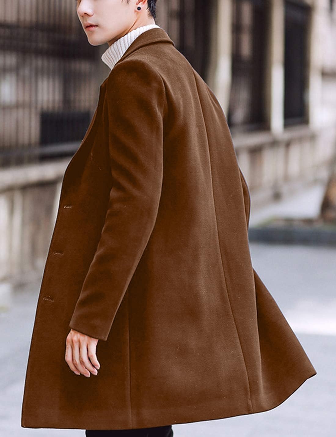 image:imageSpringrain Mens Wool Blend Pea Coat Single Breasted OvercoatDarkbrown